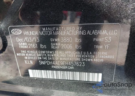 2014 Hyundai Elantra Se from USA, damaged, VIN 5NPDH4AE9EH457623